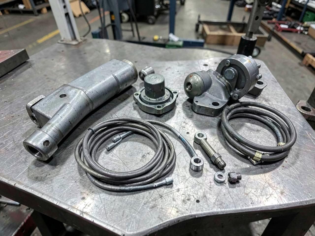 Crane replacement parts on a workbench