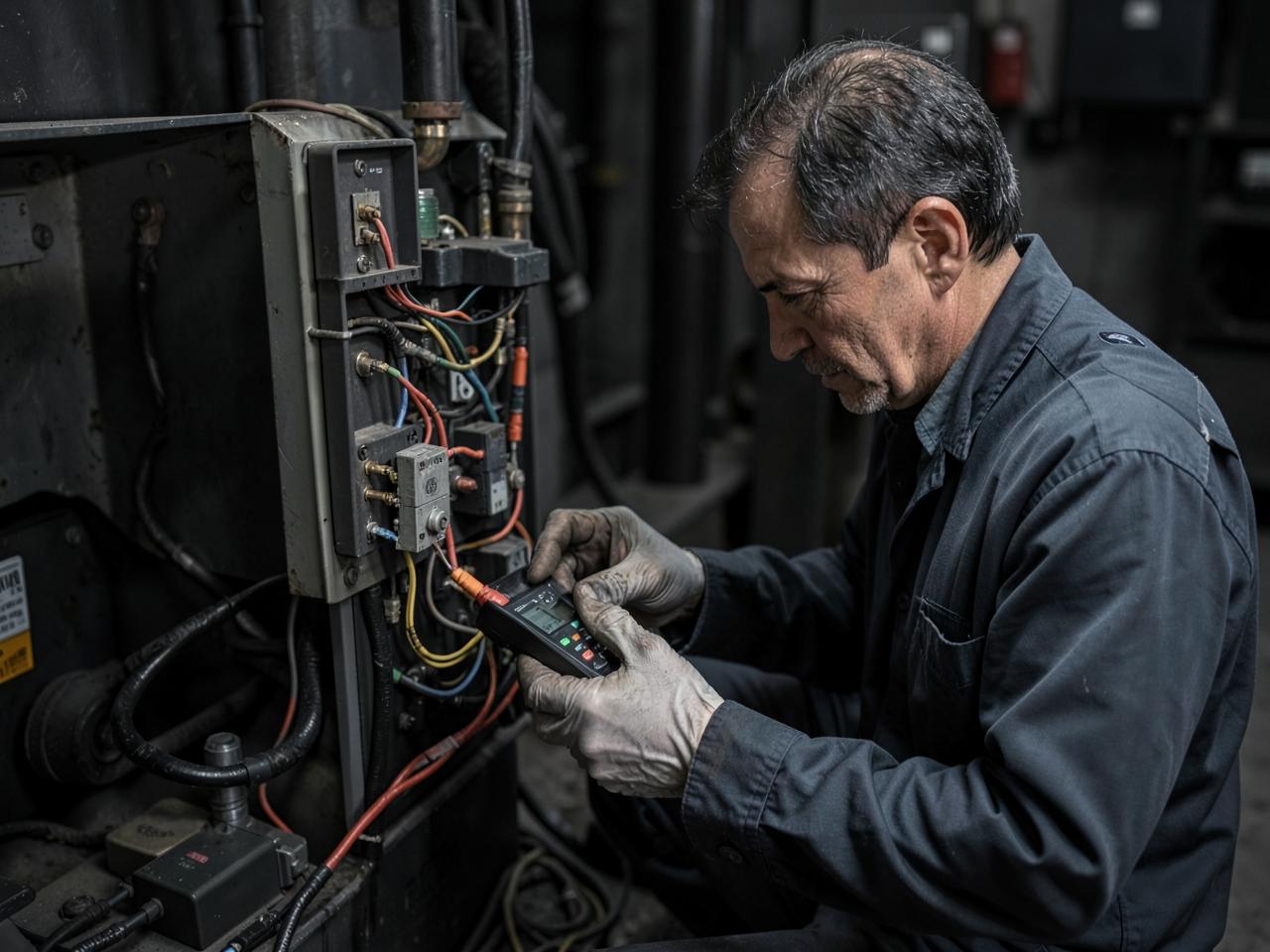 Technician testing crane control wiring with a multimeter