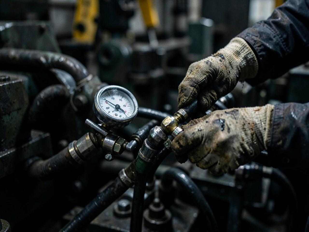 Technician pressure-testing hydraulic lines on a crane