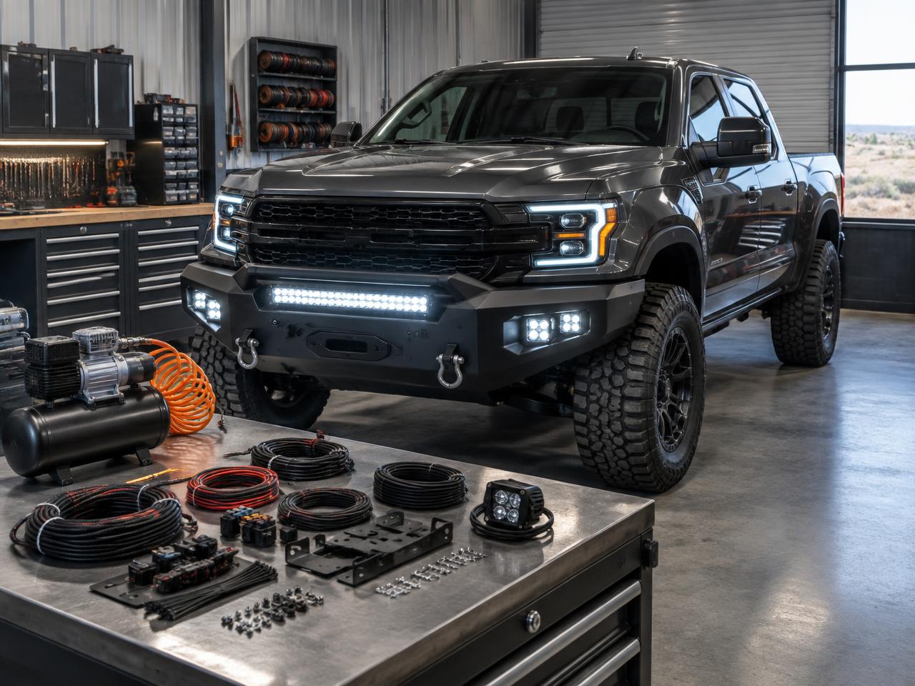 Truck with bumper lighting and accessory wiring components