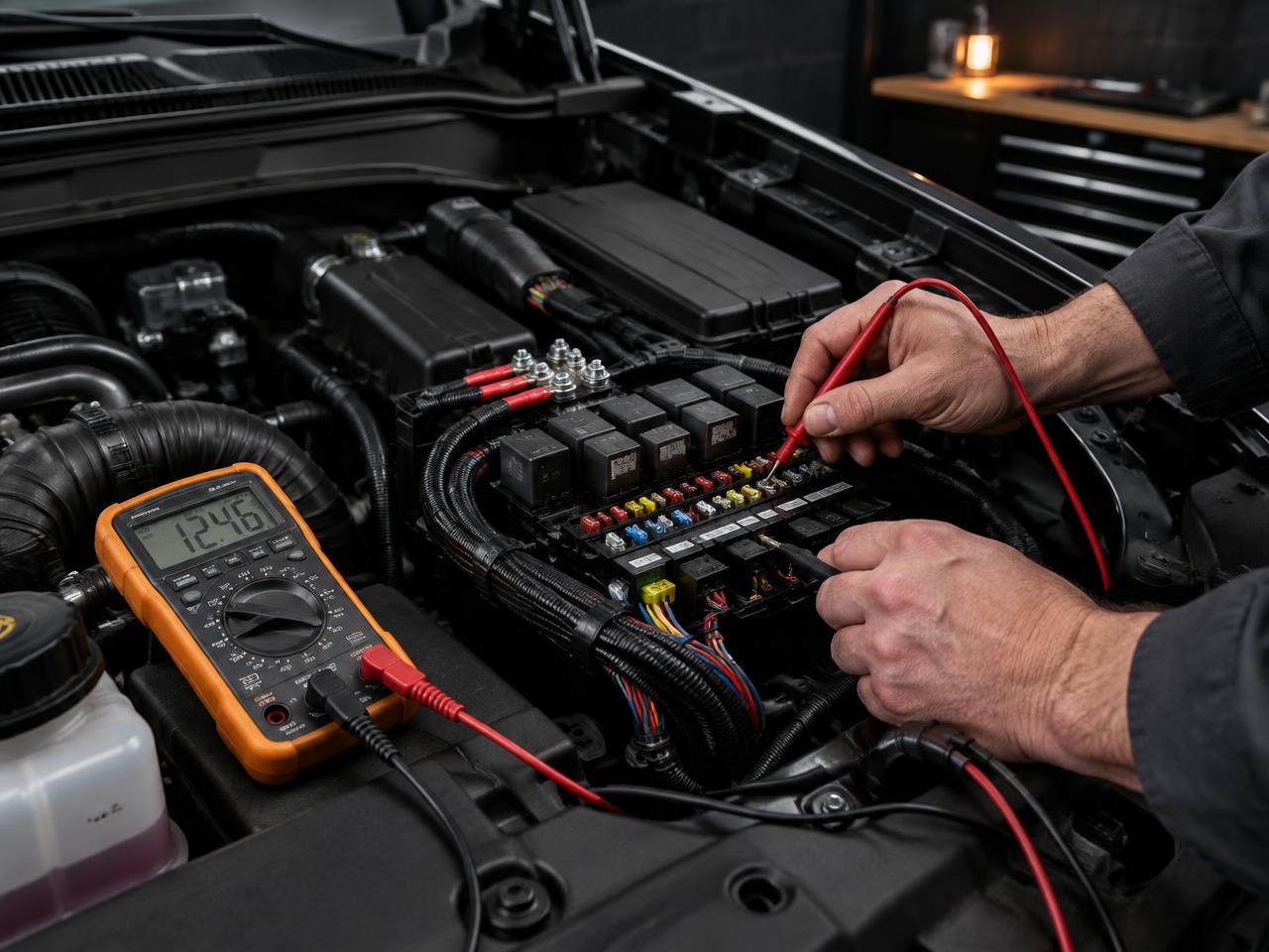 Vehicle electrical diagnostics with a multimeter and organized auxiliary fuse panel